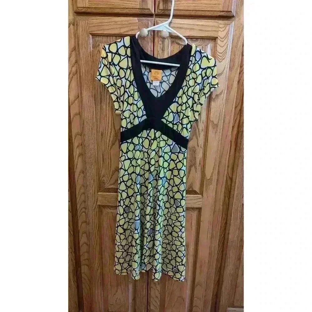Women casual cap sleeve dress with mod yellow print & tie back by Ruby Rd size L